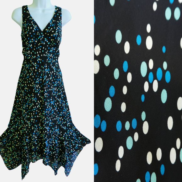 Vintage Dresses & Skirts - Vintage 90s Jonathan Martin Slip Dress Surplice Navy Geo Dots Handkerchief Hem 6